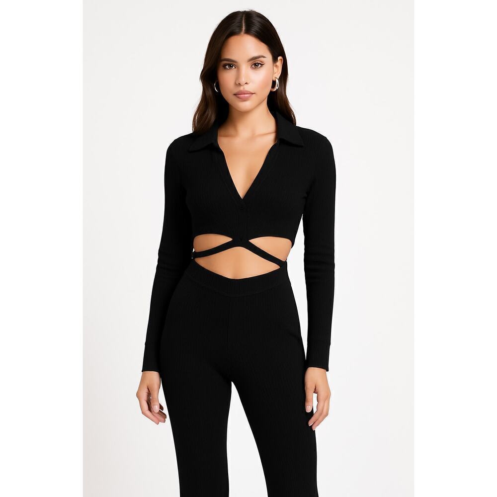 LNA Ribbed Black Cutout Jumpsuit – Size S – Long Sleeve Collared One-Piece –